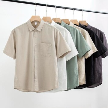 親膚透氣棉麻！輕薄柔滑！夏季男士外貿純色時尚休閑翻領短袖襯衫