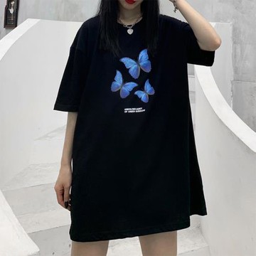 黑色t恤裙秋女ins潮牌中長款蝴蝶oversize寬松短袖2022年新款上衣