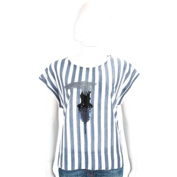 TRUSSARDI 藍白條紋創意LOGO貼飾短袖T恤