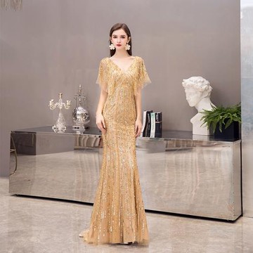 高檔晚禮服女2025時尚性感奢華氣質名媛金色主持人長款禮服魚尾裙