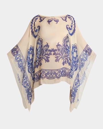 Floral Printed Silk Poncho