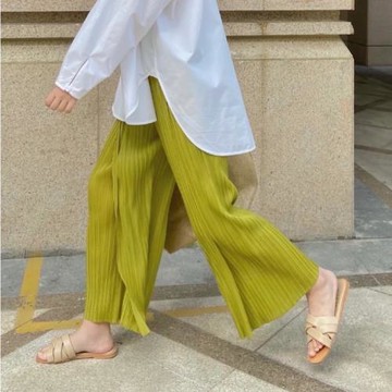 三宅風藝術褶皺松緊腰百褶九分高腰透氣清涼紙片人雙層闊腿褲