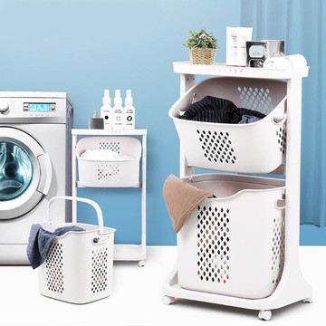 日式無印風雙向取物二層洗衣分類收納籃-附輪 009017-01 二層