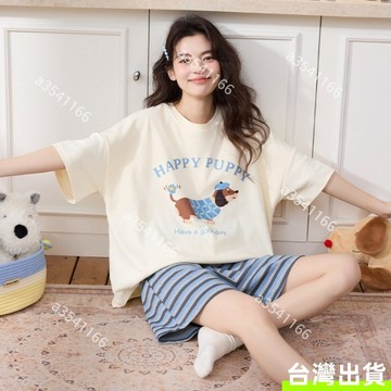 新款韓版睡衣女 圓領套頭短袖短褲 寬鬆休閒 卡通可愛印花 可外穿家居服 甜美少女睡衣 女生睡衣 學生睡衣套裝 大尺碼