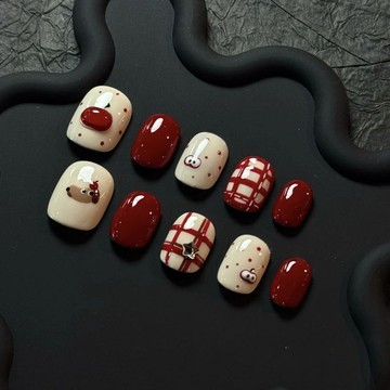 💥新年戰甲❤️復古格紋手工穿戴甲美甲貼片新年紅巨顯白氣質成品卡通ins風甲片穿戴甲