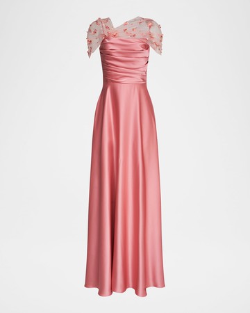 Luella Floral Applique Illusion Shawl Gown