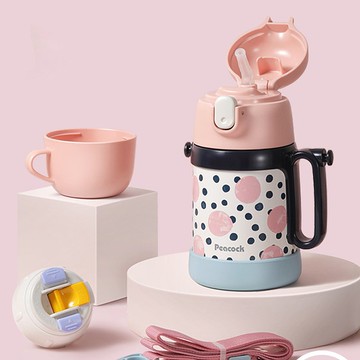 【孔雀Peacock】400ML 兩用兒童不鏽鋼保溫杯-珊瑚粉