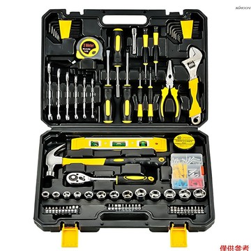 108pcs家用/汽車維修五金工具套裝  包含錘子扳手套筒螺絲批水準尺捲尺 帶工具箱