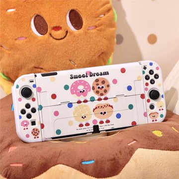 SWITCH OLED保護殼白色硬殼Switch2保護套底座保護殼 波點甜甜圈