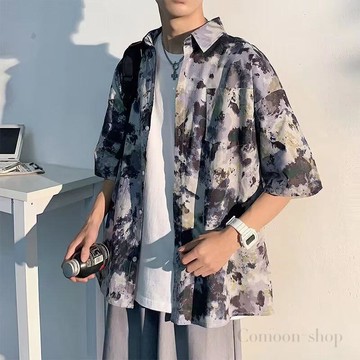 潮流時尚扎染风涂鸦半袖花襯衫男女夏季海边渐变情侣衬衣外套男