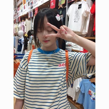 【刺繡上衣】美式復古條紋印花短袖T恤 女 寬鬆 百搭 情侶 撞色 上衣 ins 短袖上衣 上衣短袖