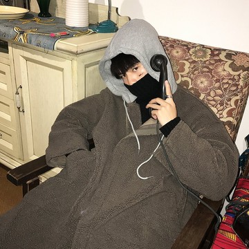 FINDSENSE 品牌 韓國 時尚 潮 男 暗黑 羊羔絨 長款  大衣 防寒外套