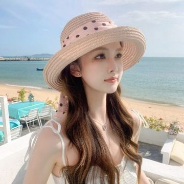 MoonDy 度假草帽 海邊度假帽 夏季草帽 沙灘帽 防曬帽 女生帽子 草帽 飄帶草帽 遮