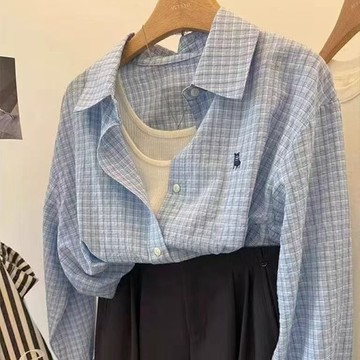 台灣出貨 法式藍色格子polo領刺繡襯衫女夏季襯衣外套薄款外搭防曬開衫上衣 長袖襯衫 寬鬆顯瘦上衣 襯衫外套 防曬長袖