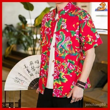 🔥男短袖襯衫 東北大花潮襯衫 男花襯衫 青年唐裝襯衫 夏季民族風衣服 短袖外套上衣時尚新中式複古東北大花佈短袖襯434