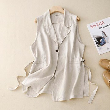【ACheter】夏季新款大碼棉麻中長款薄無袖西裝式背心外搭寬鬆罩衫# 117487