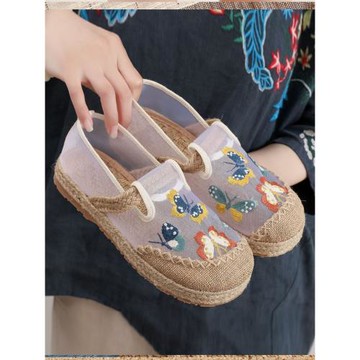 民族風夏棉麻老北京布鞋復古平底休閑網紗布鞋女一腳蹬懶人繡花鞋