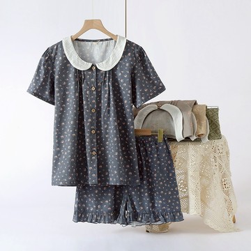 森系純棉紗布睡衣女夏季短袖短褲套裝甜美娃娃領薄款家居服可外穿