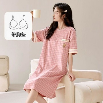 【台灣现貨】短袖帶胸墊睡裙女 一體式胸墊免穿內衣 夏季純棉連身睡衣 寬鬆版型居家服 可愛舒適透氣不悶熱 居家休閒睡衣裙