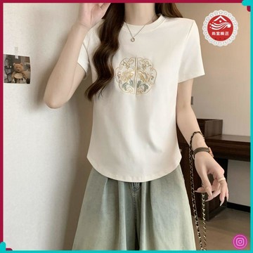 🏵️秋季上新🏵️新中式刺繡修身短袖T恤顯瘦國風百搭上衣春款新品