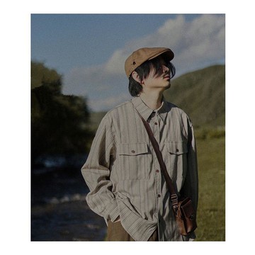 休閒寬鬆翻領長袖襯衫男日系復古條紋襯衫男