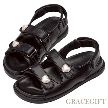 【Grace Gift】珍珠愛心雙帶魔鬼氈涼鞋 黑
