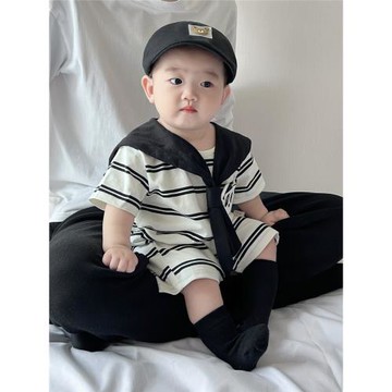 嬰兒衣服夏天薄款海軍領包屁衣洋氣男寶寶卡通短袖平爬夏季學院風