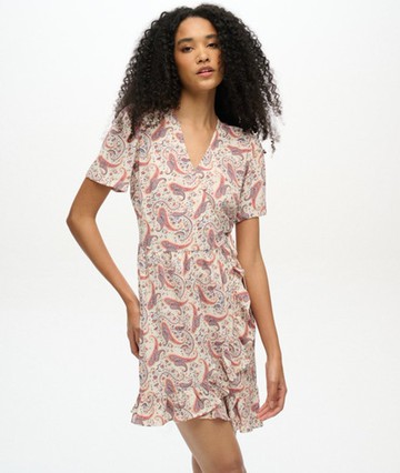 Superdry Women's Short Sleeve Printed Mini Wrap Dress Cream Size: 12