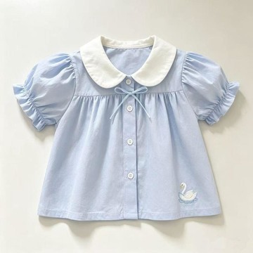Mimo⭐女童夏季短袖韓系娃娃領襯衣兒童荷葉邊甜美百搭上衣