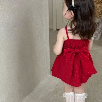 🎀biubiu童裝🎀女童紅色波點蝴蝶結吊帶裙女寶寶夏季洋氣連衣裙兒童公主裙童裝