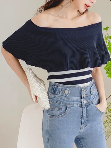 兩穿式條紋壓褶造型領針織上衣