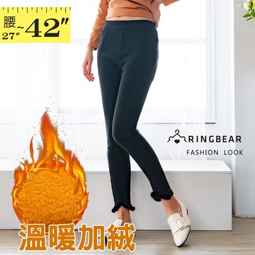 鉛筆褲--舒適保溫拼接真毛鬆緊口袋彈力顯瘦百搭休閒內搭褲(黑XL-5L)-R232眼圈熊中大尺碼