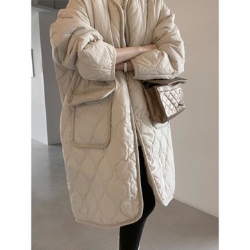 仿羊羔毛菱形格加絨棉衣女長款過膝韓國東大門加厚大面包服棉襖