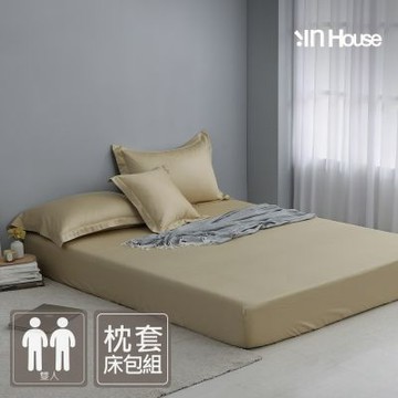 IN-HOUSE-360織紗防螨抗菌天絲長絨棉三件式枕套床包組(晨曦金-雙人)