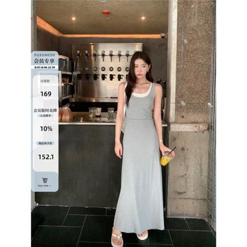 pusumede 假兩件背心連衣裙女設計感小眾無袖吊帶裙收腰氣質長裙