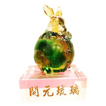 開運陶源 水晶琉璃玉兔添福 附水晶台座 彩色 開運招財擺飾  7.5 x 7.5 x 12cm