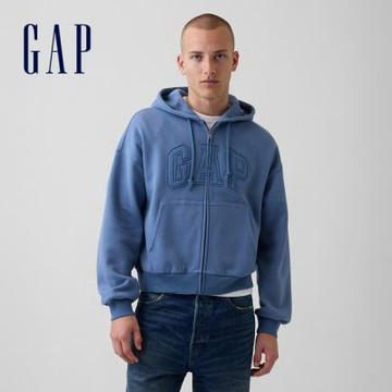 【GAP】VintageSoft寬版Logo拉鍊帽T-灰藍色/無月黑(887084)