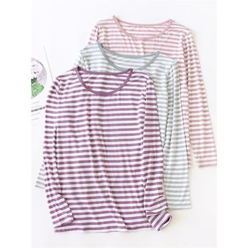 莫代爾長袖T恤女士條紋打底睡衣夏季薄款春秋寬松上衣單件家居服