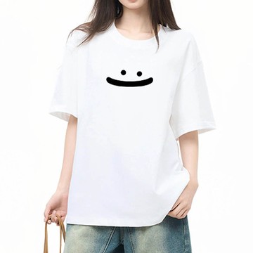 MXIAN - 純棉寬版印花T恤-大笑臉-白色