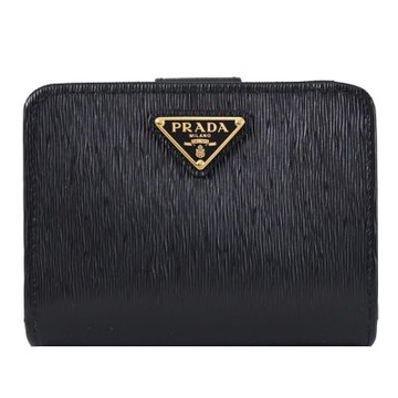PRADA 三角LOGO水波紋皮革釦式零錢短夾(黑)