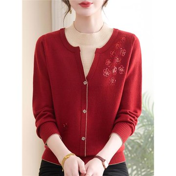 媽媽打底針織衫2025秋裝新款中老年人女裝假兩件上衣時尚減齡毛衣