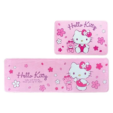 Sanrio 三麗鷗 Hello Kitty 凱蒂貓 浪漫櫻花 L型地墊 2入 印染法蘭絨材質  長 120 x 40cm + 短 60 x 40cm