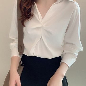 春夏韩版雪纺白色衬衫女长袖复古港味v领衬衣仙女范宽松上衣女裝長袖 衬衫 女 寬鬆襯衫