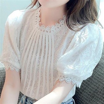 【巴黎精品】現貨+預購 女雪紡上衣短袖襯衫法式名媛氣質OL西裝蕾絲休閒女裝-短袖蕾絲百搭花邊a1kc48