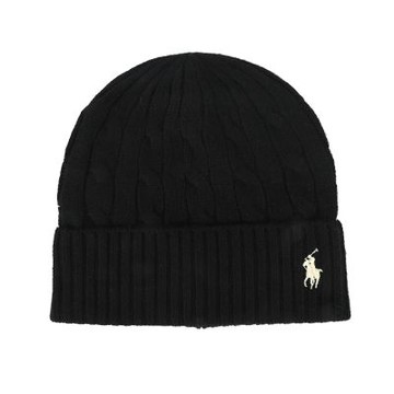 RALPH LAUREN POLO 小馬刺繡LOGO素面CASHMERE羊毛扭紋編織毛帽-黑色