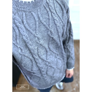 Nor.116 厚磅交織麻花白邊針織罩衫《NOR9807116》-淺灰