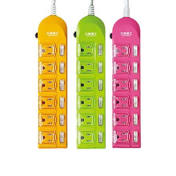 太星電工max star蓋安全彩色六開六插電腦線/OC66306/6尺/綠、黃、粉(混色出貨)