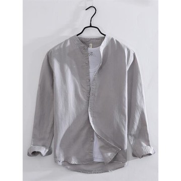 夏季薄款立領亞麻襯衫男長袖寬松復古中國風小圓領棉麻休閑白襯衣