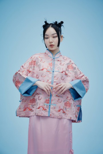 煩惱心粉色龍舟真絲外套