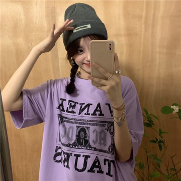 正肩短袖T恤女新款夏裝ins潮原宿風寬松半袖學生紫色上衣